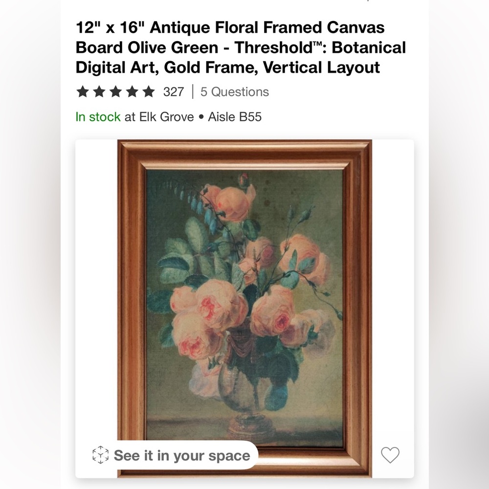 Threshold Antique Floral Framed Canvas in Olive Green and Gold